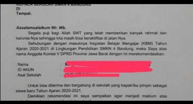 Surat ‘Titip Calon Siswa’ dari Anggota Dewan Nodai PPDB