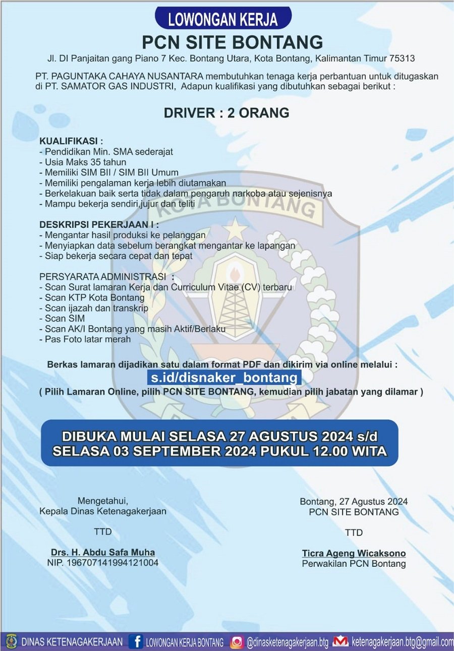 Lowongan Kerja Terbaru di Bontang: Dicari 2 Driver Bertugas di PT Samator Gas Industri