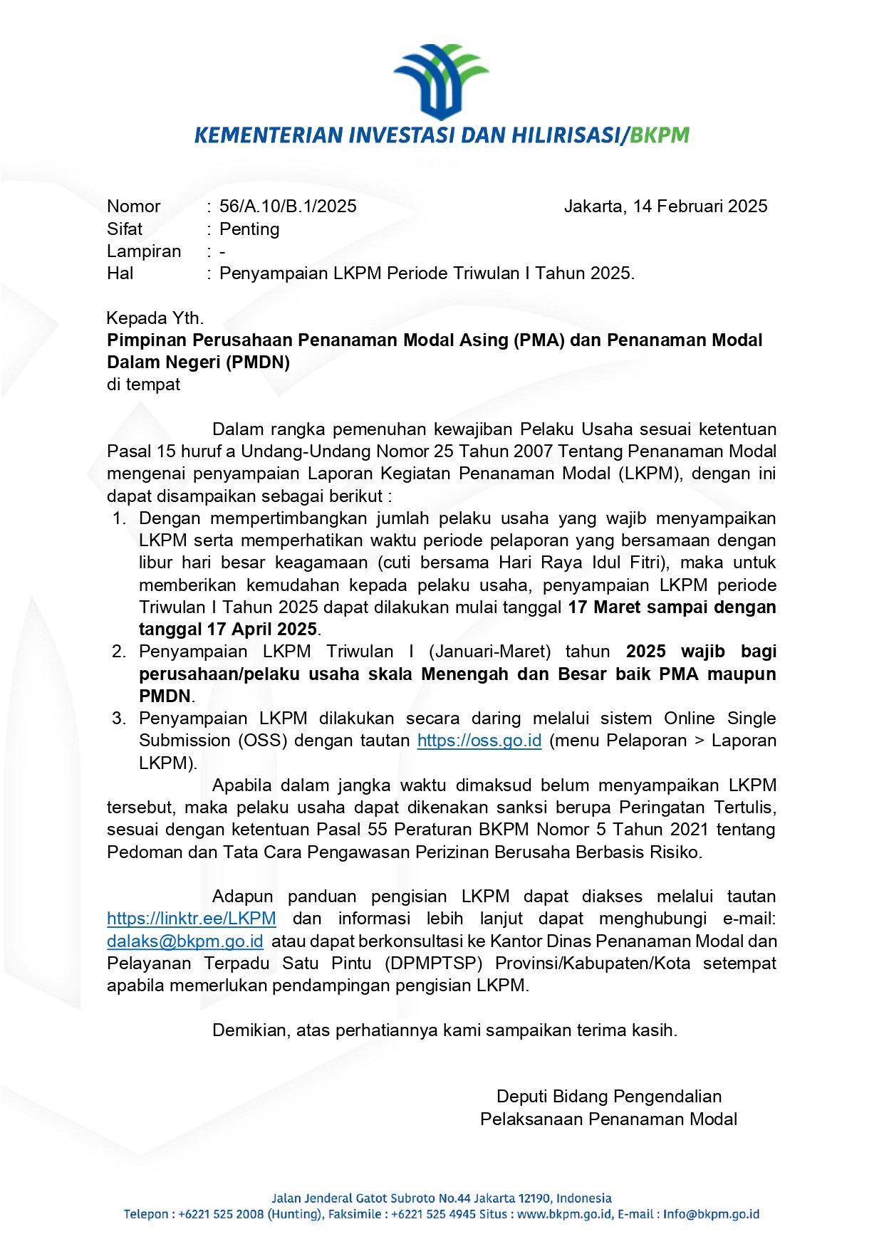 Surat Penyampaian LKPM Triwulan I 2025 page 0001